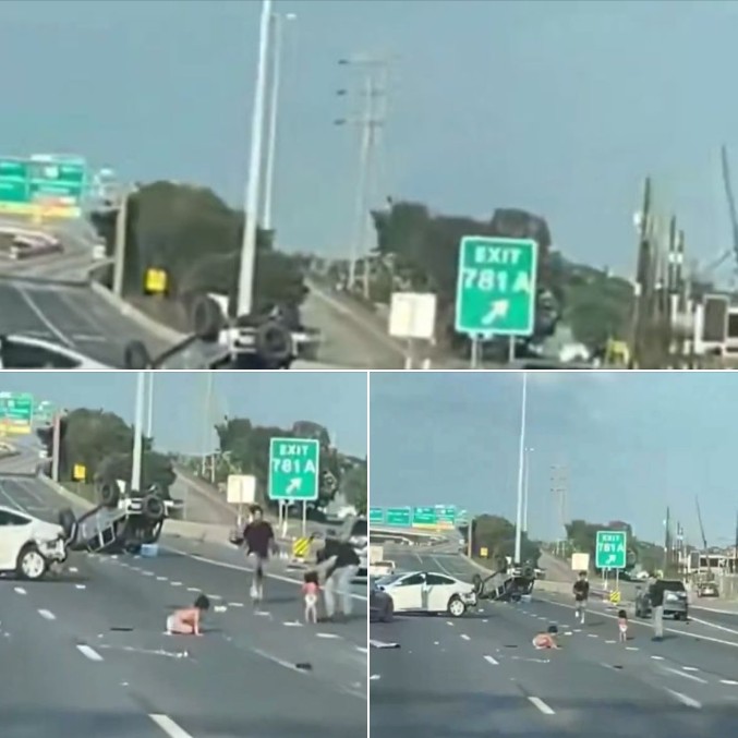 Shocking video shows two toddlers walking in middle of Texas highway after rollover crash