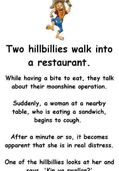 Two rustic individuals enter a tiny diner, conveying a particular hillbilly charm.