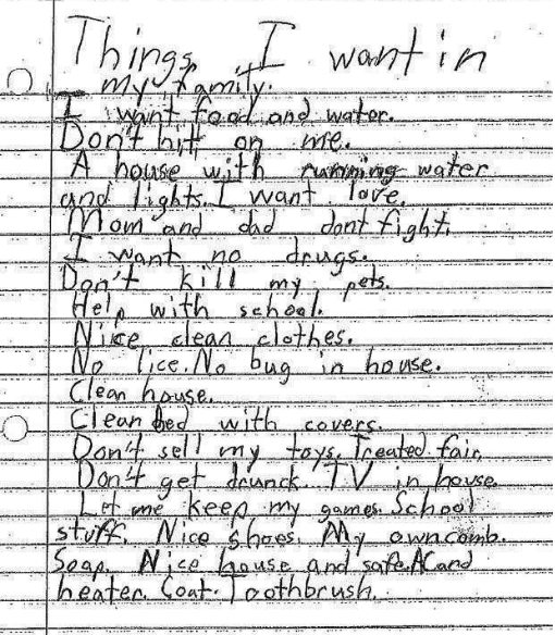 Wish list written by a foster child in Oklahoma