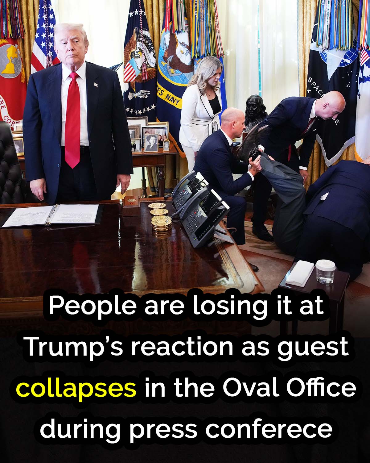 Trump’s Reaction to Guest Collapsing in the Oval Office Stirs Social Media Backlash