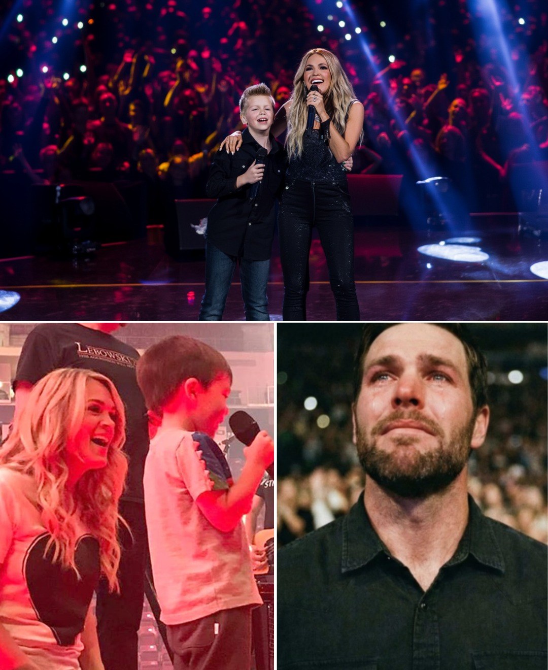 A surprise moment at Carrie Underwood’s concert transformed the arena from a grand spectacle into hushed stillness when her young son stepped onstage to sing as she softly played the piano. Fixated on his father in the front row, his trembling, imperfect voice turned the performance into a deeply personal family moment. As Mike Fisher wiped away tears and Carrie played protectively beside her son, the audience realized they were witnessing something far more intimate than a concert.