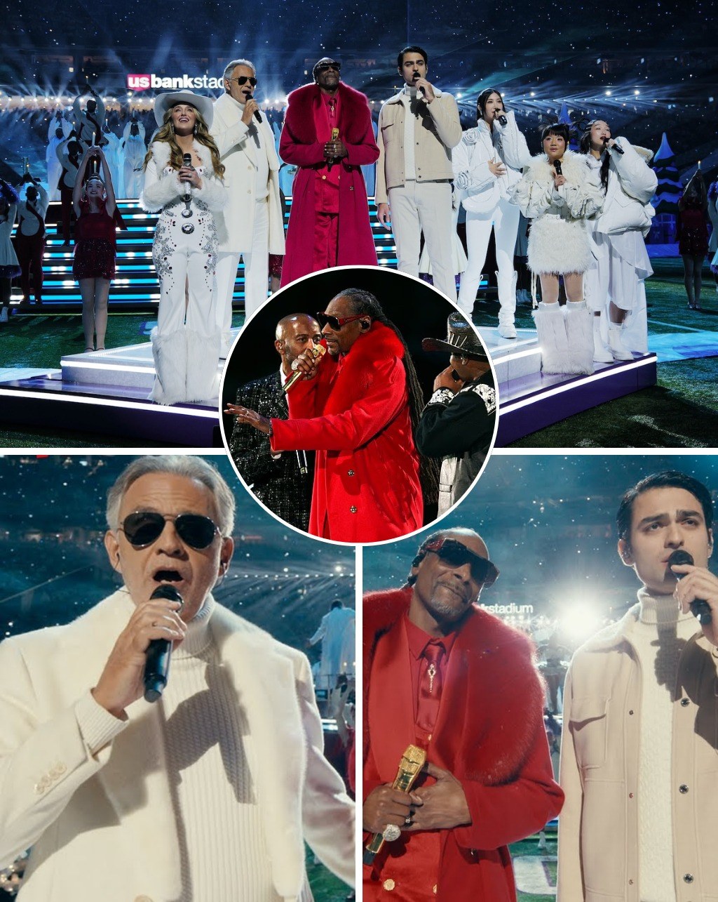The stadium went silent for 90 seconds as Snoop Dogg stunned the crowd by bringing Andrea Bocelli, HUNTR/X, and Lainey Wilson onto the NFL Christmas stage. Over 60 million viewers around the world were left in awe. Nobody saw Netflix’s Christmas Eve show becoming a viral sensation like this. As halftime music played, Snoop made a surprise appearance, and the stadium erupted when Bocelli unexpectedly joined HUNTR/X and Lainey Wilson in a once-in-a-lifetime collaboration. Within seven minutes, social media was flooded with reaction clips, tens of millions of views, and countless stunned exclamations: “Is this real?” No fireworks, no flashy tricks — just voices that seemed impossible to unite, yet created a magical moment for the holidays.