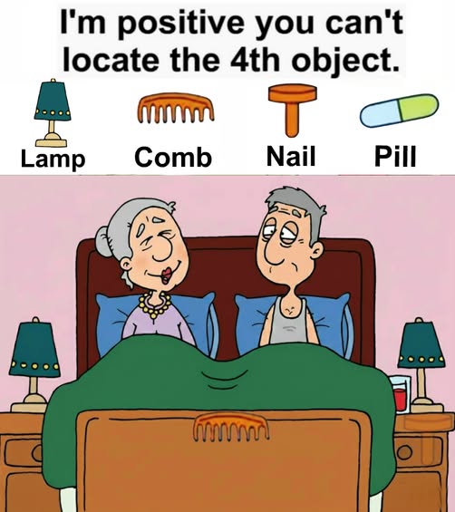 Find Lamp, Comb, Nail, Pill.