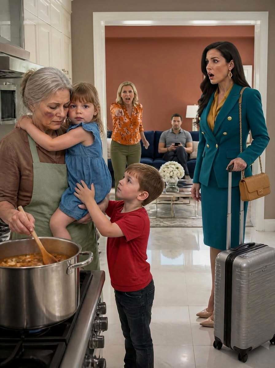 I came home three hours early and found my sick mother cooking over a hot stove while trying to care for my two-year-old twins. One child was shaking in her arms. The other was clinging to her leg. In the living room, my husband and his mother sat comfortably, treating her like a servant. I was ready to leave quietly with my children. Then I saw the bruises on my motherโs face and arms. That was when I opened the gates to the mansion across the streetโthe one they never knew I owned