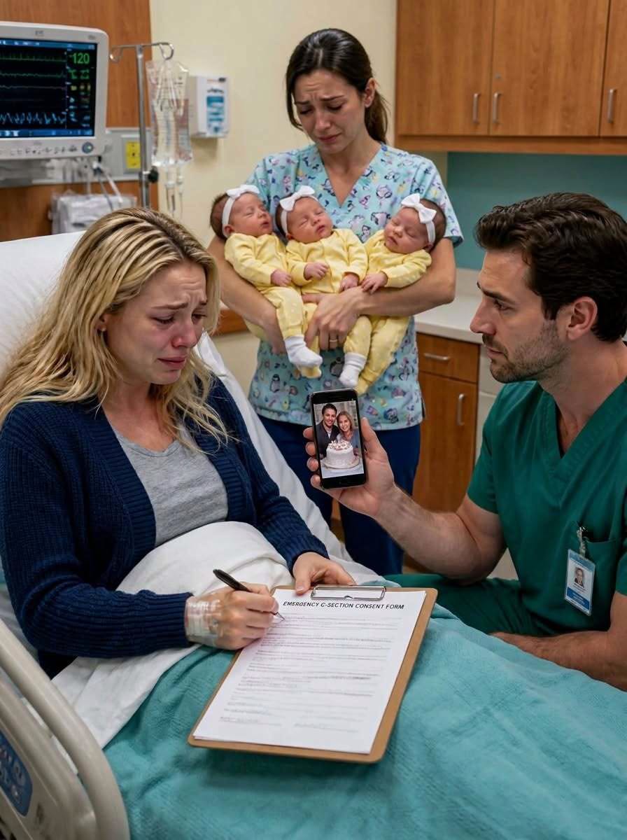While I signed the emergency C-section consent forms by myself to save our unborn triplets, my husband had switched off his phone so he could celebrate with his first love and cut her cake. Four days later, he finally appeared at the hospital expecting to find his wife and three babies waiting for him. Instead, one calm sentence from a nurse stopped him cold and made him realize that everything had changedโฆ